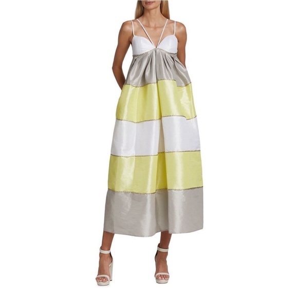 Kimberly Golden Striped Taffeta NWOT Midi  Dress - White, Yellow, and Gray  Sz 2 - Picture 1 of 10